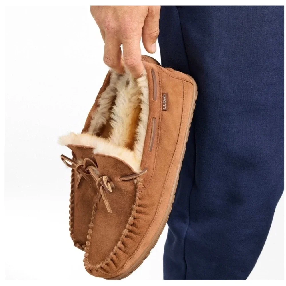L.L.Bean Wicked Good Moccasin Mens Size 7‎ Brown Shearling Suede Slippers